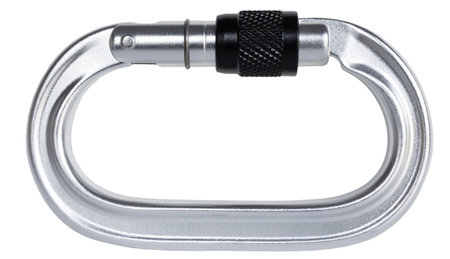Silver colored carabiner with black locker to secure things tightly while on the rope isolated on a white background.の写真素材