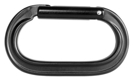 Close-up studio photo of a non-locking carabiner that is for climbing and is black isolated on a white background.の写真素材