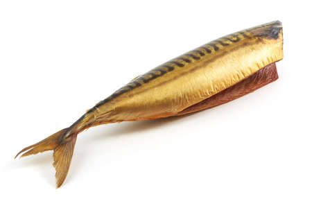 Cold smoked mackerel, close-up, isolated on white background.の写真素材