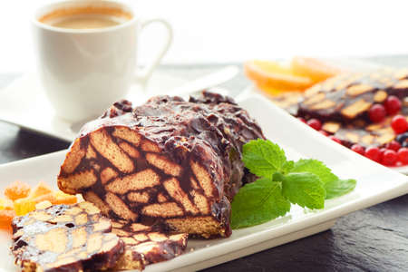 Dessert chocolate salami. Biscuit cake with marmaladeの写真素材