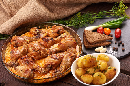 Appetizing baked chicken legs with cream sauce, potatoes and spices on the rustic background.の写真素材