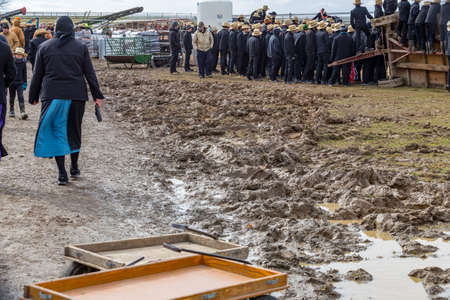 Bart, PA, USA - March 3, 2018: The muddy fields at the annual Mud Sale at the Bart Fire Company.のeditorial素材