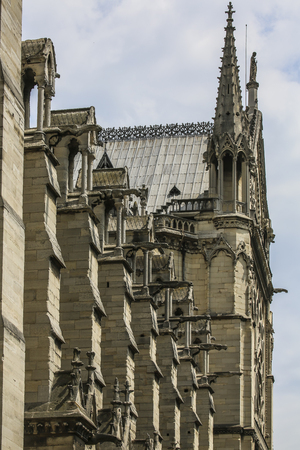 Vertical rythmic view on stone chimeras on Notre Dame of Paris, Franceの写真素材
