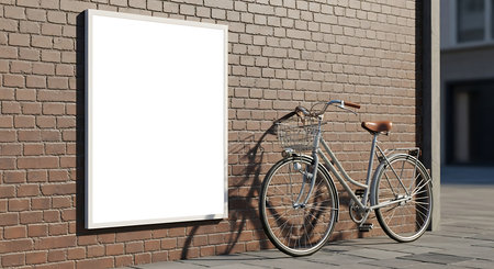 A white blank billboard is mounted on a red brick wall, next to it is an old rusty bicycle. The scene is outdoors, on a sunny day.の素材