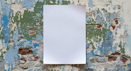 A clean, blank white sheet of paper is centrally placed on a textured, weathered wall with peeling blue, green, and brown paint, revealing brick underneath.の素材