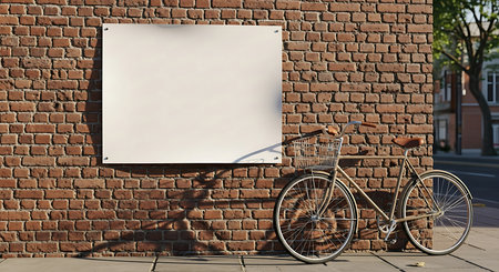 A blank white sign for mockup purposes is mounted on a sunlit red brick wall. A vintage bicycle rests against the wall on a city sidewalk, creating a realistic urban scene.の素材