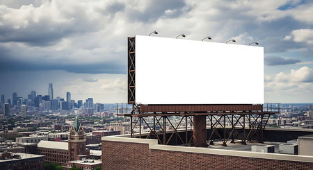 A large blank billboard stands on top of a building, offering advertising space. The city skyline is visible in the distance, with a cloudy sky overhead.の素材