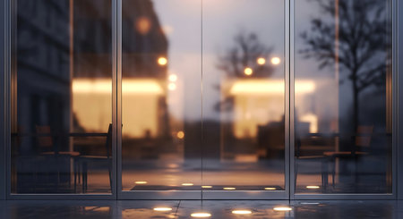 Image shows the reflection of a city street at night in the glass doors of a modern building. The reflection is slightly blurred, creating a dreamy atmosphere.の素材