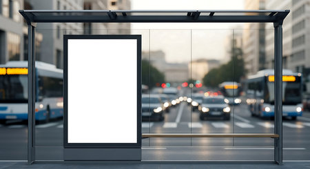 A bus stop in a city with a blank billboard for advertising. Cars and buses are blurred in the background, creating an urban scene.の素材