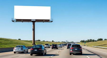 A prominent, empty billboard stands tall beside a multi-lane highway, bustling with cars in motion under a bright, clear blue sky, offering ample space for advertising.の素材