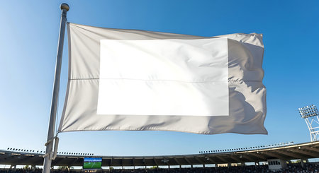A blank white flag is prominently displayed, waving gently against a vibrant blue sky. The background shows the upper structure of a stadium.の素材