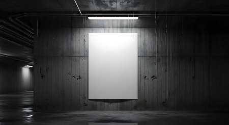 A blank white poster is illuminated by a fluorescent light fixture in a dark, industrial concrete room, creating a stark and minimalist display.の素材