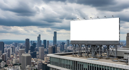 High angle view of a blank billboard in a bustling city. The billboard is prominently displayed against a backdrop of skyscrapers and urban structures. A modern cityscape is visible in the background.の素材