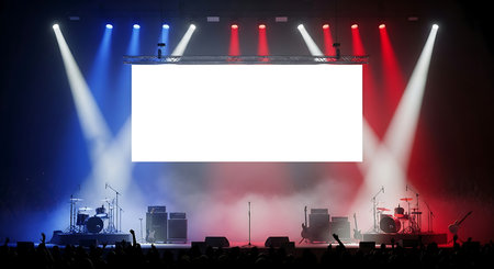 An empty music stage ready for a performance featuring a large blank white screen, musical instruments, and vibrant red and blue spotlights shining through haze.の素材