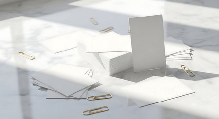 A clean and modern workspace with blank white stationery items like business cards, envelopes, and paper clips, arranged on a white surface with natural light and shadows.の素材