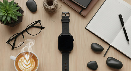 A top-down view of a workspace featuring a smartwatch, eyeglasses, a cup of coffee, a notebook, and other office supplies.の素材