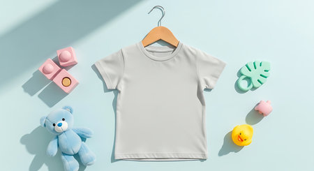 A baby t-shirt, teddy bear, wooden blocks, and other toys are arranged on a pastel blue background. The image is a flat lay, showcasing the items in a visually appealing way.の素材