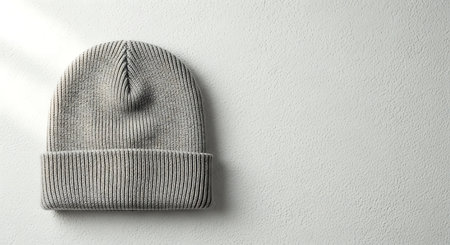 A close-up, top-down view of a plain gray knitted beanie hat placed on a clean white surface.の素材