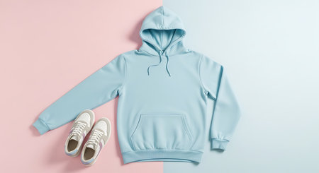 A light blue hoodie and a pair of white sneakers are placed on a pink and white background, creating a minimalist and stylish composition.の素材