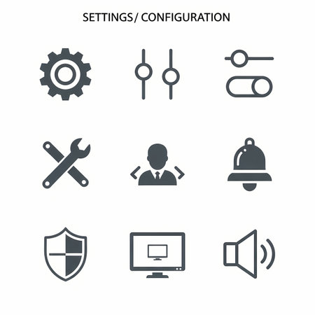 Set of 9 simple icons such as settings, gear, computer, bell, support, support, support, can be used for mobile, web UIのイラスト素材