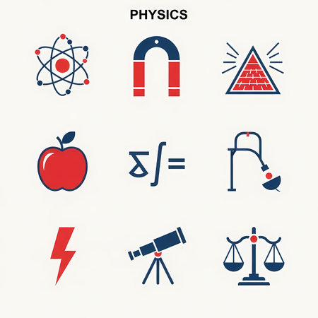 Physics icons set. Vector illustration in blue and red colors.のイラスト素材