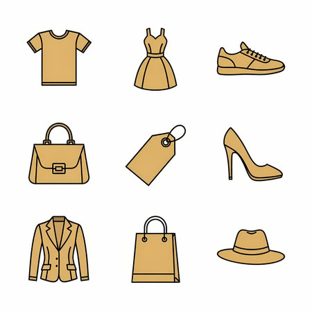 Women's clothing and accessories icons set. Outline vector illustration.のイラスト素材
