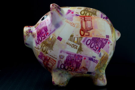 Payment Management Piggy bank with pig shape and euro billettesの写真素材