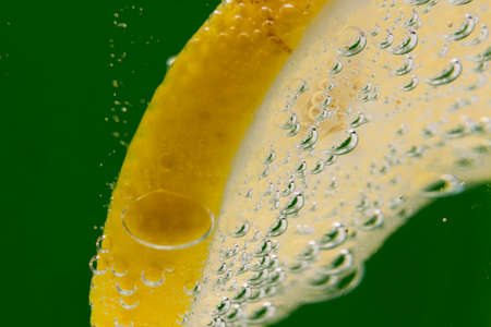 Slice Of Lemon In Mineral Water Bubbles On Green Backgroundの写真素材
