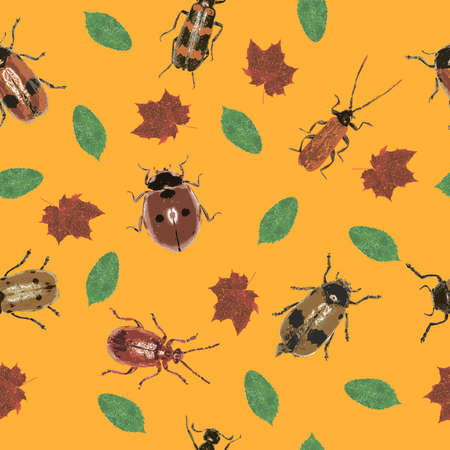 Beetles and Leaves on an orange background - JPEG Seamless Patternの写真素材