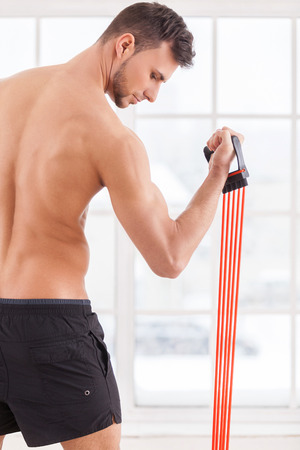 Man training. Rear view of young muscular man exercising at gymの写真素材