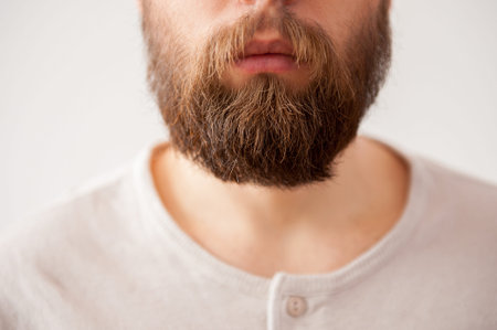Beard man. Close-up cropped image of bearded mens face isolated on grey