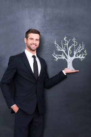Dollars on a tree. Handsome young man smiling and looking at camera while standing against chalk drawing on the blackboardの写真素材