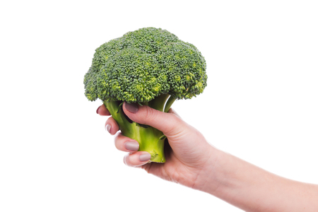 Health is in your hand. Close-up of woman holding broccoli standing against white backgroundの写真素材