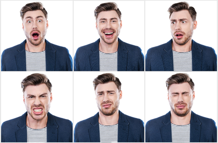 True emotions. Collage of handsome young man expressing different emotions while standing against white backgroundの写真素材