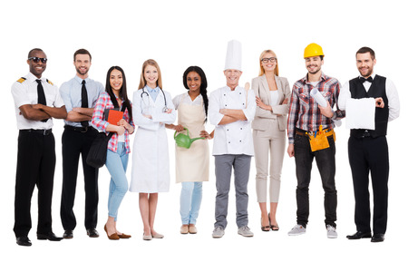 Choose your profession. Group of diverse people in different occupations standing close to each other and against white background and smiling Choose your profession. Group of diverse people in different occupations standing close to each other and against white background and smiling