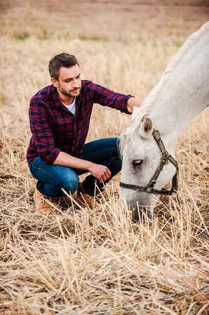 You are so beautiful! Side view of young farmer touching horse while sitting outdoorsの写真素材