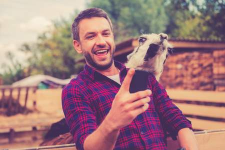 Selfie with llama. Cheerful young man making selfie with llama on his smart phone while standing in the zooの写真素材