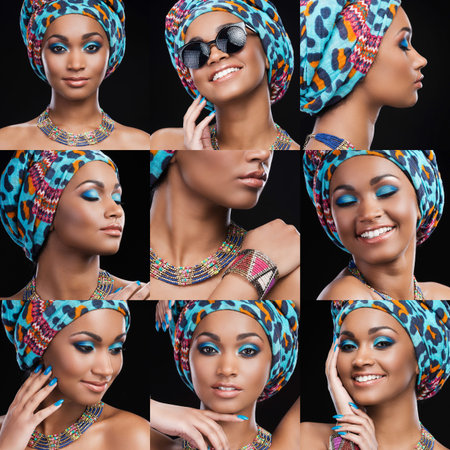 African beauty. Collage of beautiful young African woman in ethnic style expressing different...