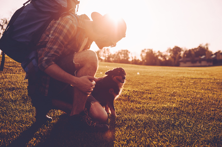 Me and my friend. Cheerful young man with backpack petting dog while kneeling on the green grass outdoorsの写真素材