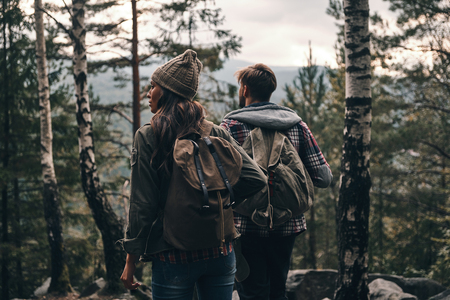 Breathtaking feelings? Rear view of young couple standing and looking away while hiking together in the woodsの写真素材