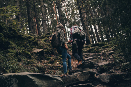Exploring the nature. Full length rear view of young couple moving up while hiking together in the woodsの写真素材