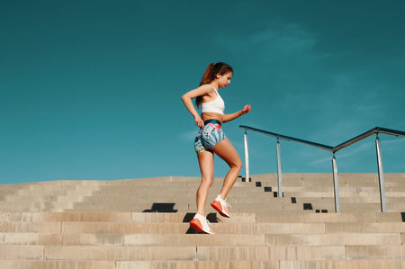 Making effort. Full length of beautiful young woman in sports clothing running while exercising...
