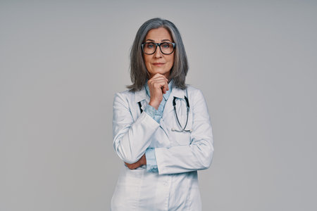 Mature beautiful female doctor looking at camera and smilingの写真素材