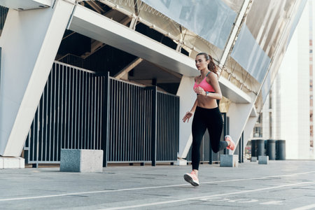 Full length of confident young woman in sportswear running outdoors