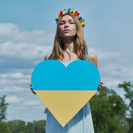 Confident Ukrainian woman in floral crown holding heart shape national flag with sky in the...