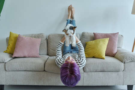 Playful teenage girl carrying her little dog while relaxing on the couch at homeの写真素材