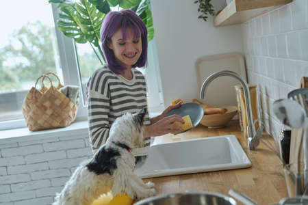 Cheerful teenage girl washing dishes at the kitchen while cute little dog sitting near herの写真素材