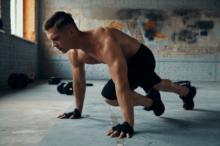 Confident young man looking concentrated while exercising in gymの写真素材