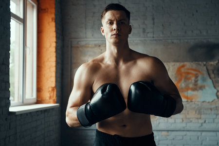 Confident young man in boxing gloves looking at camera while standing in gymの写真素材