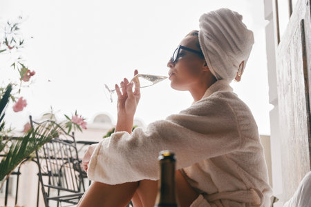 Attractive young woman in bathrobe drinking champagne while relaxing on the balconyの写真素材